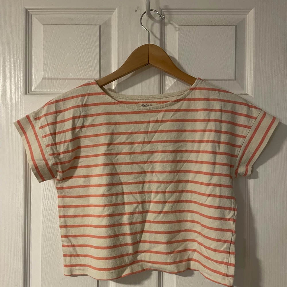 Madewell cropped pink and white striped shirt